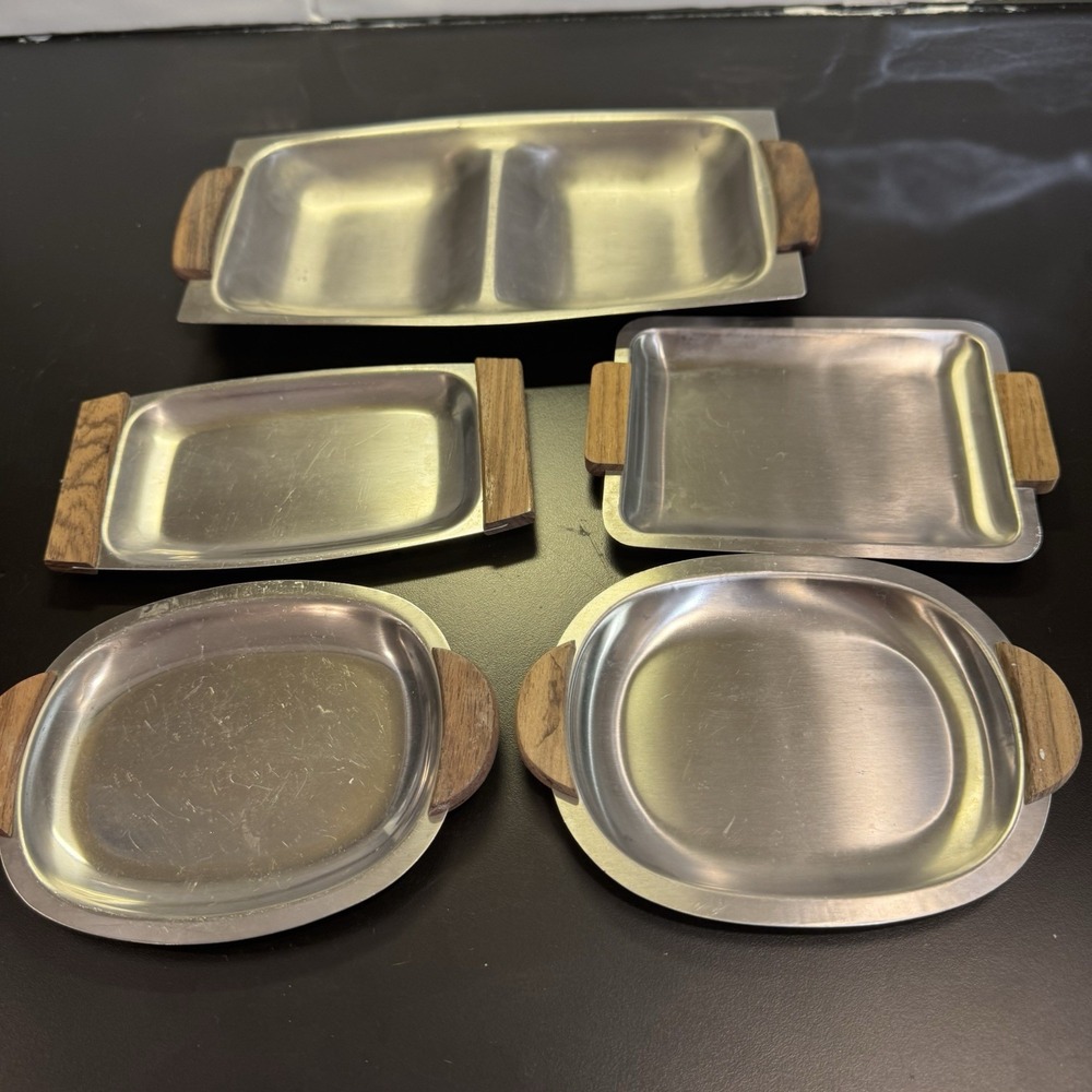 Vintage Imperial‎ Japan Relish Dish Tray Wooden Handles Set Of 5 Stainless MCM